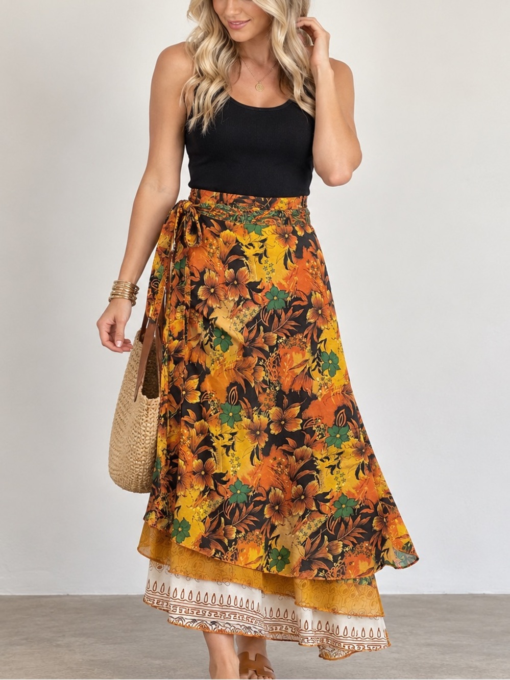 NWT Darn Good Yarn 80% Silk Floral Wrap Skirt Boho Maxi Size L